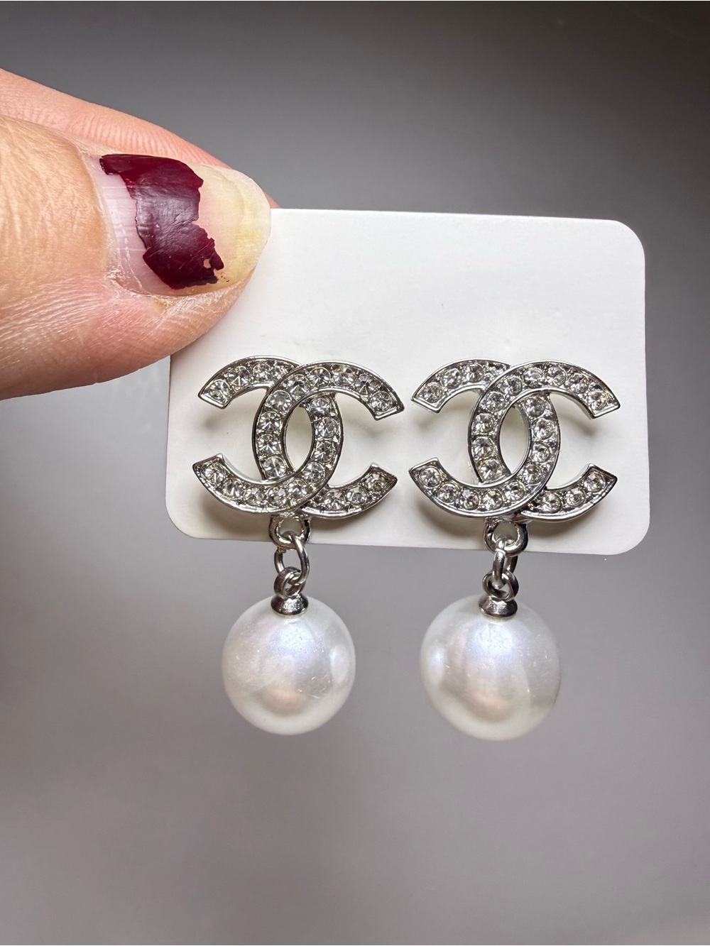 Fashion Jewelry Crystal Logo Pearl Drop Earrings - Silver & White